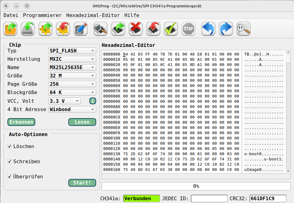 mit geladenem Flashinhalt, dargestellt sind die ersten Bytes des tb100-env